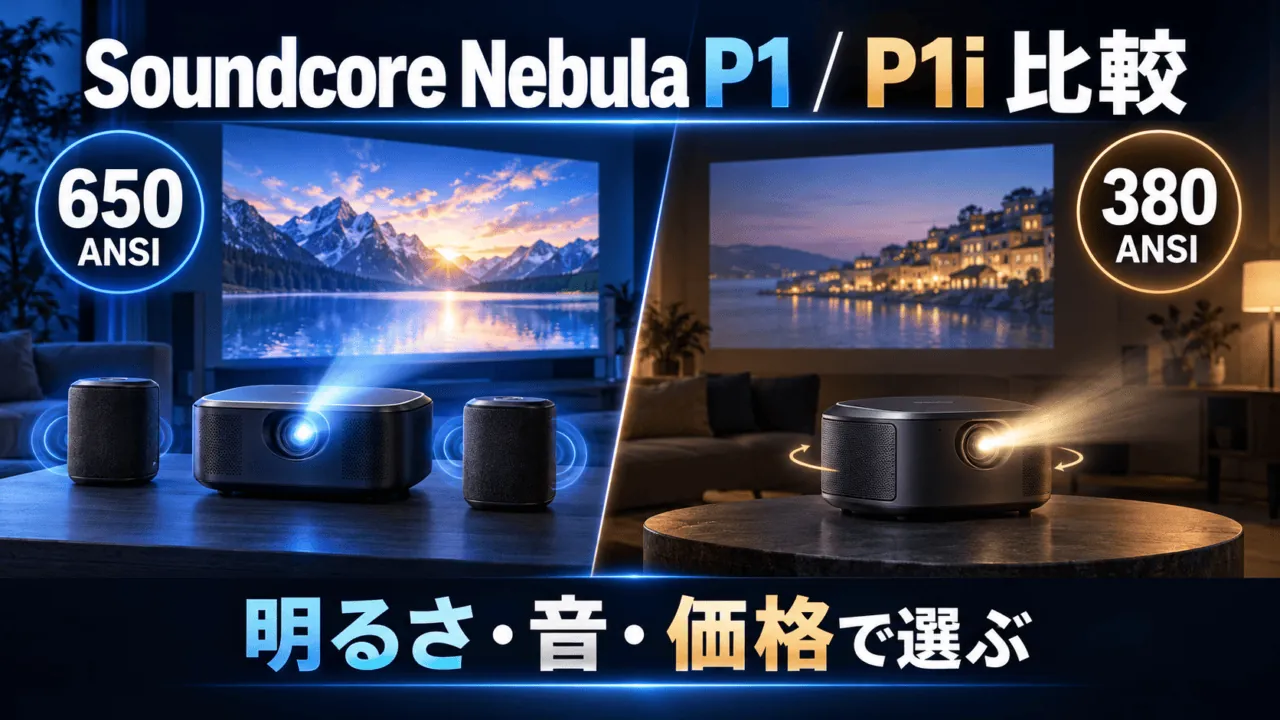 Soundcore Nebula P1とP1iを650 ANSI・380 ANSI、明るさ・音・価格で比較するアイキャッチ
