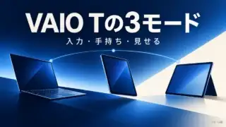 VAIO TのノートPC・タブレット・ビューモードを抽象図で示したイメージ。入力・手持ち・見せる場面を並べている。
