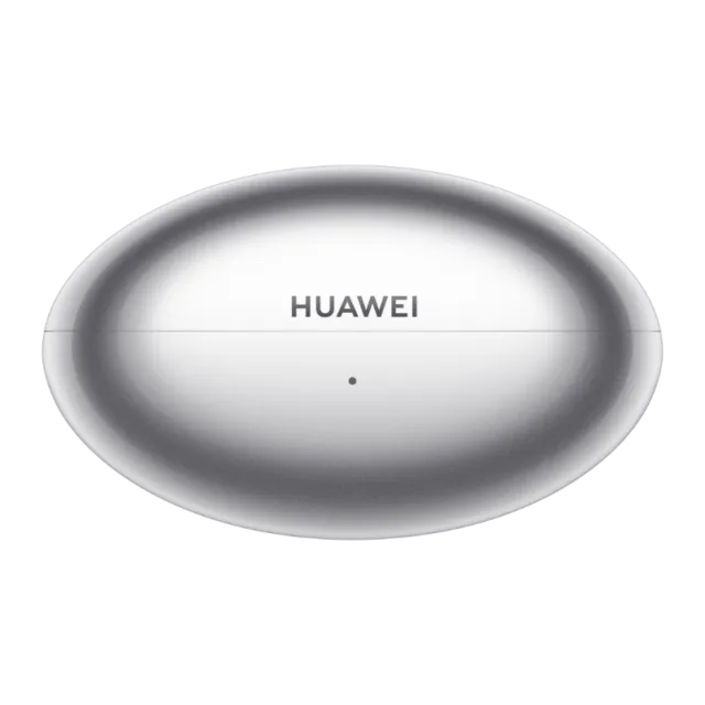 HUAWEI FreeBuds Neo のシルバーの充電ケース。丸いカプセル形