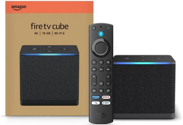 Fire TV Cube(第3世代)の本体とリモコン、パッケージ