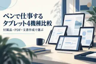 ペンで仕事するタブレット4機種比較。付属品・PDF・文書作成で選ぶ。4台の汎用タブレットとペンを描く概念イラスト。