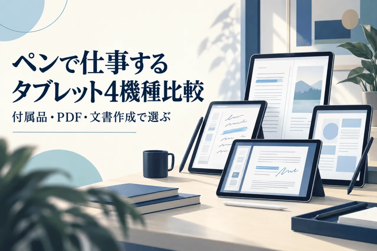 ペンで仕事するタブレット4機種比較。付属品・PDF・文書作成で選ぶ。4台の汎用タブレットとペンを描く概念イラスト。