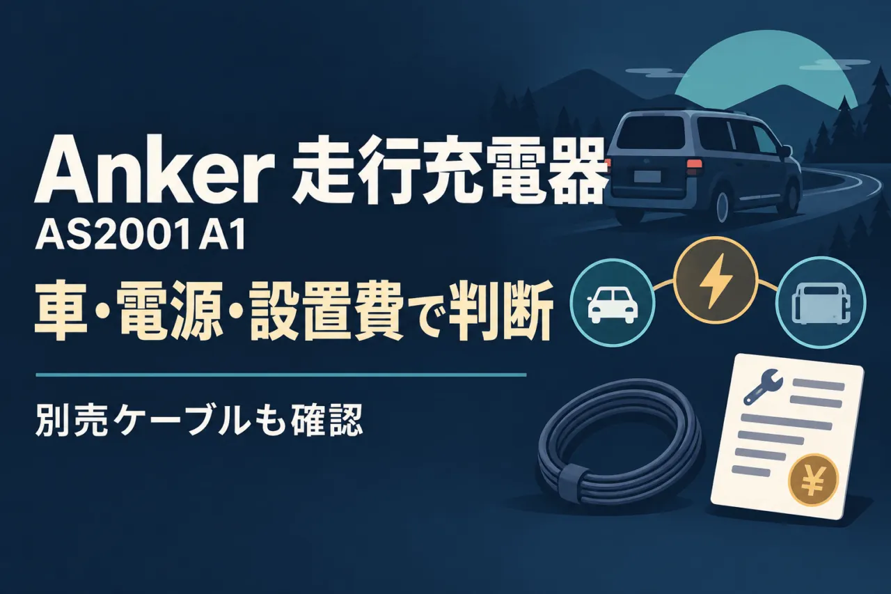 Anker走行充電器AS2001A1。車・電源・設置費で判断し、別売ケーブルも確認する概念イラスト。