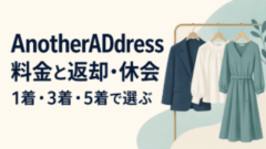 AnotherADdressの料金・返却・休会を、1着・3着・5着で選ぶための案内。3種類の服を描いたイラスト。