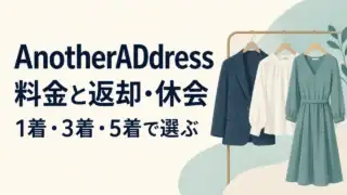 AnotherADdressの料金・返却・休会を、1着・3着・5着で選ぶための案内。3種類の服を描いたイラスト。