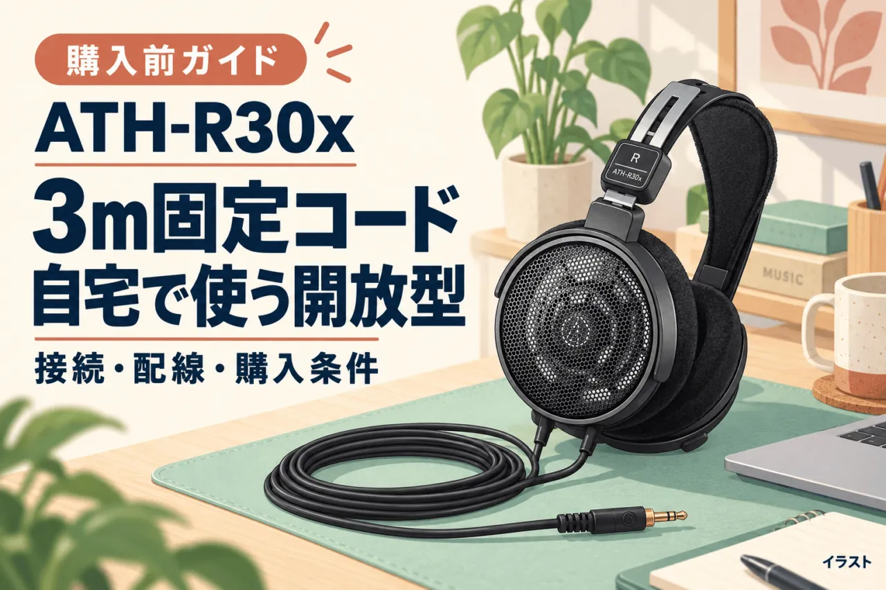 ATH-R30xの開放型ヘッドホンと固定コードを自宅の机で描いた独立イラスト。「3m固定コード」「自宅で使う開放型」「接続・配線・購入条件」「購入前ガイド」の文字。