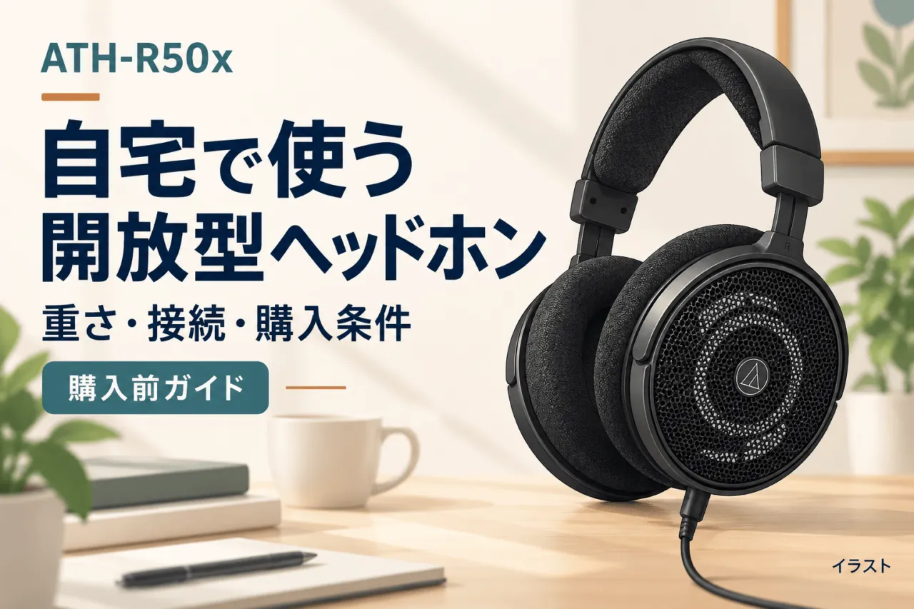 ATH-R50xの開放型ヘッドホンを描いた独立イラスト。「自宅で使う 開放型ヘッドホン」「重さ・接続・購入条件」「購入前ガイド」の文字。黒いメッシュの丸いイヤーカップとパッド、ヘッドバンド、片側のコードを描いています。