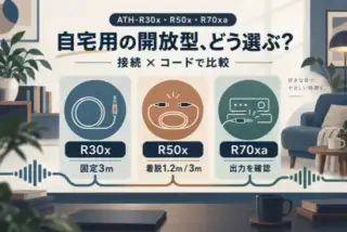 ATH-R30x・R50x・R70xaの自宅用開放型比較。R30xは固定3m、R50xは着脱1.2mと3m、R70xaは再生機器の出力を確認する選び分けの概念図。