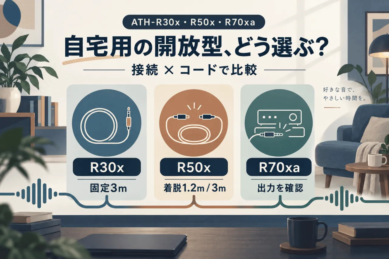 ATH-R30x・R50x・R70xaの自宅用開放型比較。R30xは固定3m、R50xは着脱1.2mと3m、R70xaは再生機器の出力を確認する選び分けの概念図。