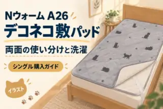 Nウォーム A26 デコネコ敷パッド、両面の使い分けと洗濯。シングル購入ガイドを示す独立イラスト。