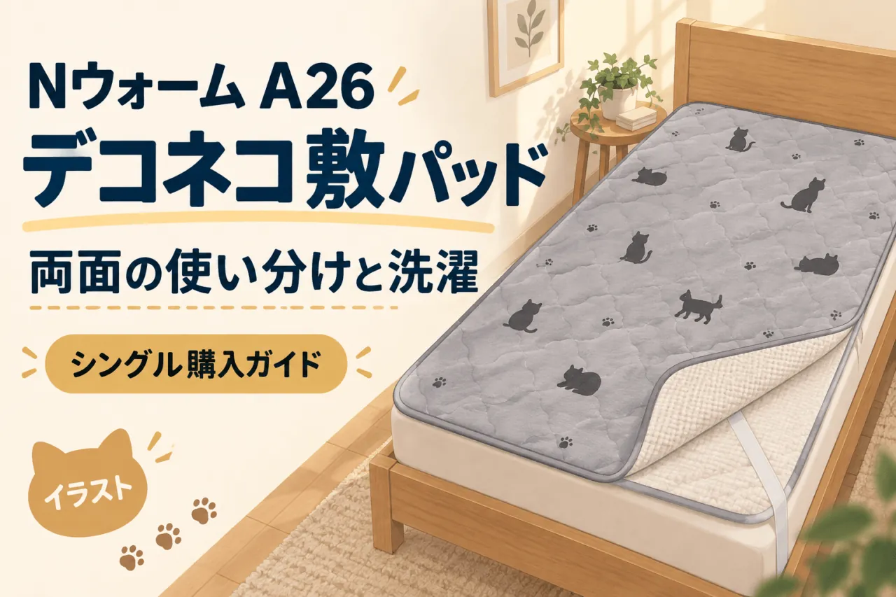 Nウォーム A26 デコネコ敷パッド、両面の使い分けと洗濯。シングル購入ガイドを示す独立イラスト。
