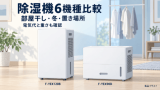 除湿機6機種比較。縦長のF-YEX120Bと低いF-YEX90Dの形状差を示す独自イラスト。