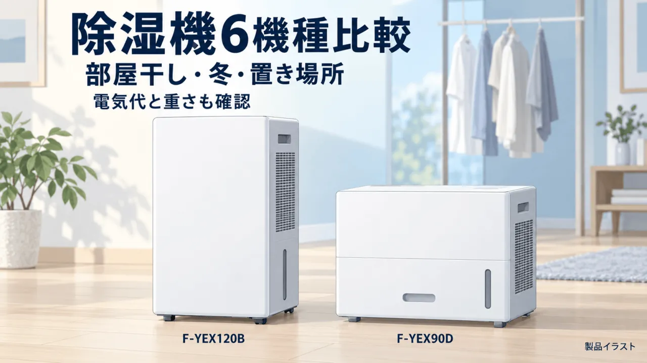 除湿機6機種比較。縦長のF-YEX120Bと低いF-YEX90Dの形状差を示す独自イラスト。