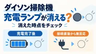 ダイソン掃除機の充電ランプが消えるときは、充電完了後か、接続直後から無反応かを確認する。時点を分けた説明用イラスト。