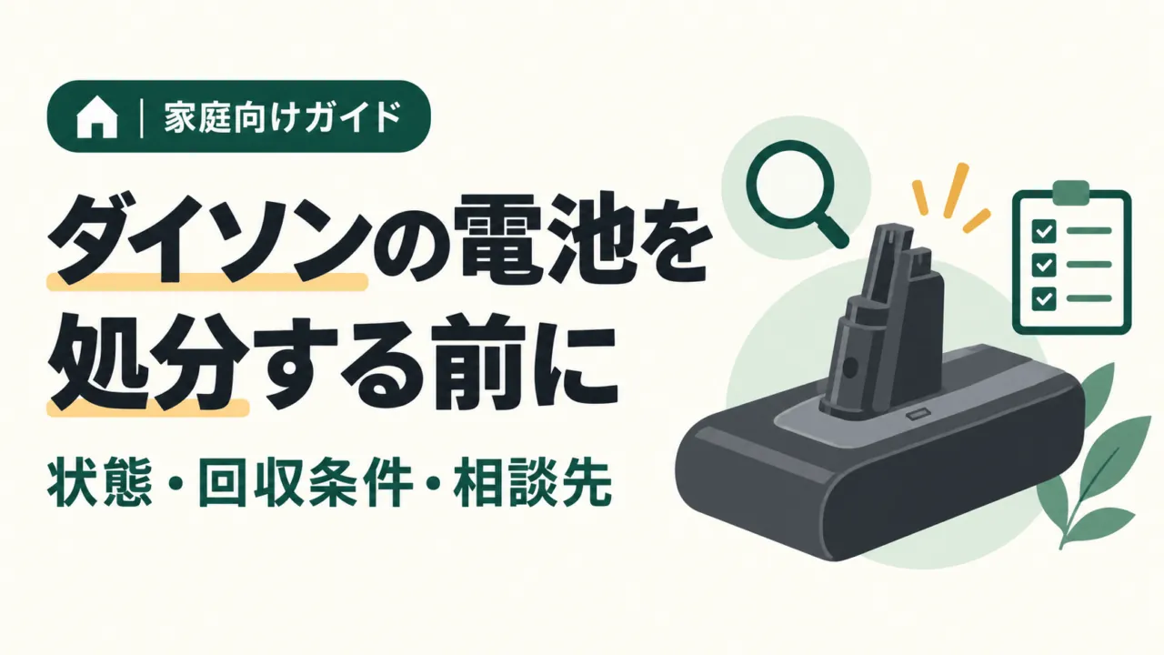 ダイソンの電池を処分する前に。状態・回収条件・相談先を確認する家庭向けガイド。電池パックの模式図。