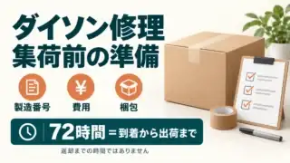 ダイソン修理の集荷前の準備。製造番号・費用・梱包を確認。72時間は到着から出荷までで、返却までの時間ではありません。
