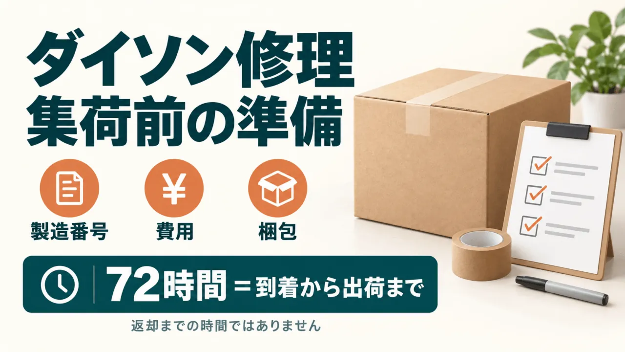 ダイソン修理の集荷前の準備。製造番号・費用・梱包を確認。72時間は到着から出荷までで、返却までの時間ではありません。
