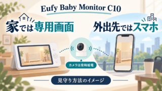 Eufy Baby Monitor C10の見守り方法のイメージ。家では専用画面、外出先ではスマホ、カメラは常時給電。