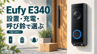 Eufy E340（T8214511）の製品イラスト。設置・充電・室内の呼び鈴を確認して選ぶ。