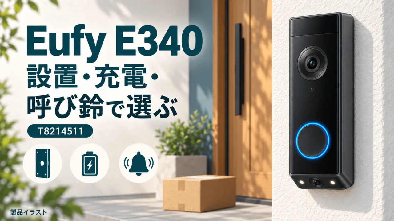 Eufy E340(T8214511)の製品イラスト。設置・充電・室内の呼び鈴を確認して選ぶ。