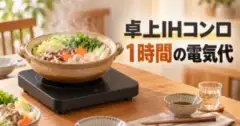 食卓の卓上IHコンロで湯気の立つ鍋を温めるイラストと「卓上IHコンロ 1時間の電気代」の文字