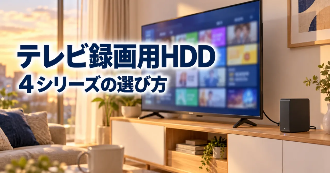 テレビの横にケーブル1本でつないだ外付けハードディスクと「テレビ録画用HDD」の文字