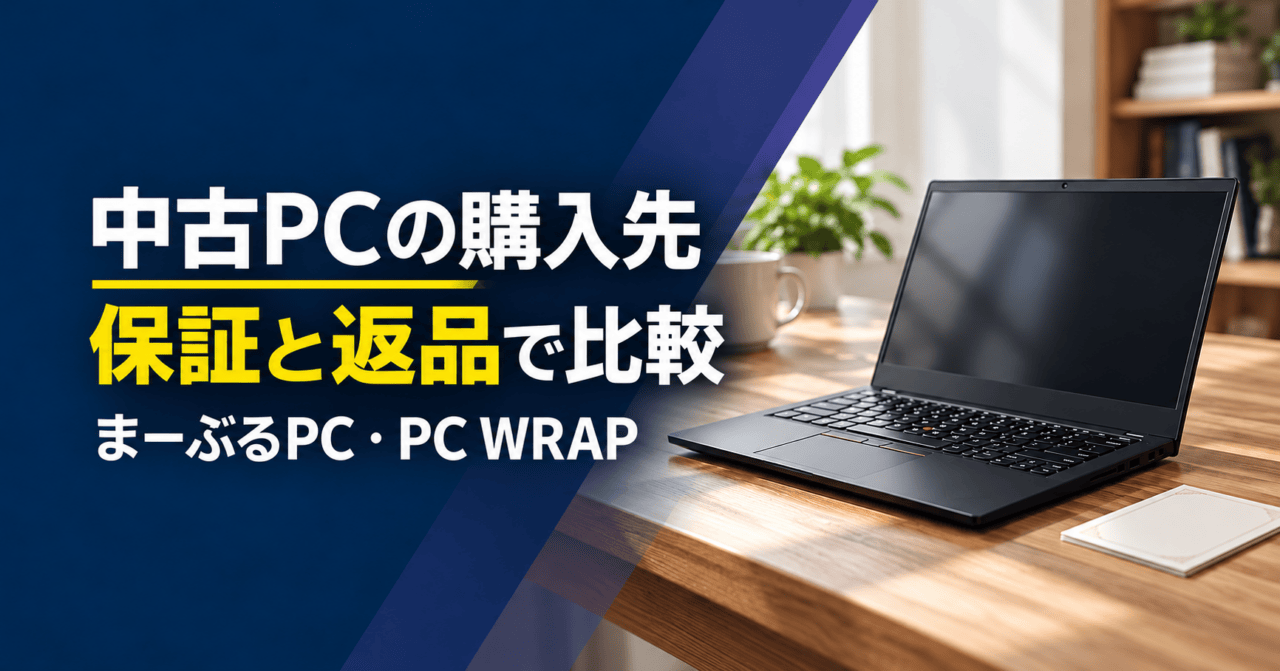 中古PCの購入先を保証と返品で比較。まーぶるPCとPC WRAP。生成イメージ。