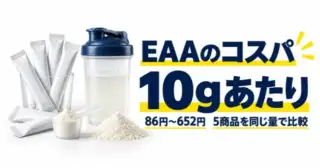 粉末の個包装とシェイカーのイラストと「EAAのコスパ 10gあたり」の文字