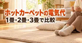 リビングに敷いたベージュの電気カーペットのイラストと「ホットカーペットの電気代 1畳・2畳・3畳で比較」の文字
