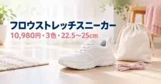 イメージ画像：白いスニーカーとシューズケース、替えの靴ひも（実際の商品写真ではありません）。フロウストレッチスニーカーは10,980円