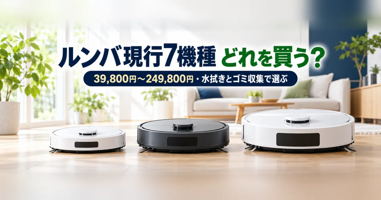 イメージ画像:大きさの違うロボット掃除機3台と「ルンバ現行7機種 どれを買う?」の文字