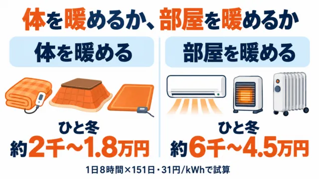 図解：体を暖める暖房と部屋を暖める暖房のひと冬の電気代のイメージ