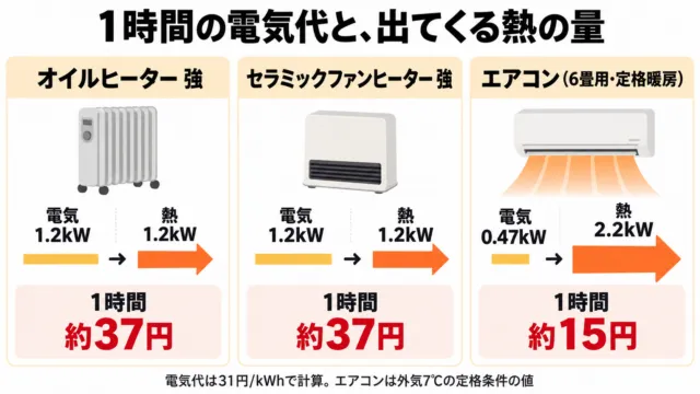 図解:1時間の電気代と出てくる熱の量。オイルヒーター強とセラミックファンヒーター強は電気1.2kWで熱1.2kW・約37円、6畳用エアコンの定格暖房は電気0.47kWで熱2.2kW・約15円