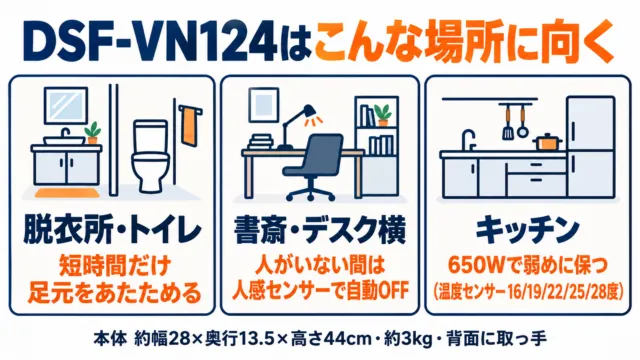 図解:DSF-VN124が向く場所。脱衣所・トイレ、書斎・デスク横、キッチン