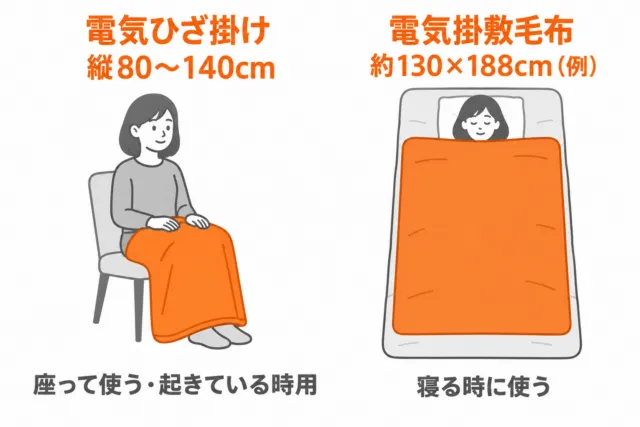 図解:電気ひざ掛けは縦80〜140cmで座って使う、電気掛敷毛布は約130×188cmで寝る時に使う