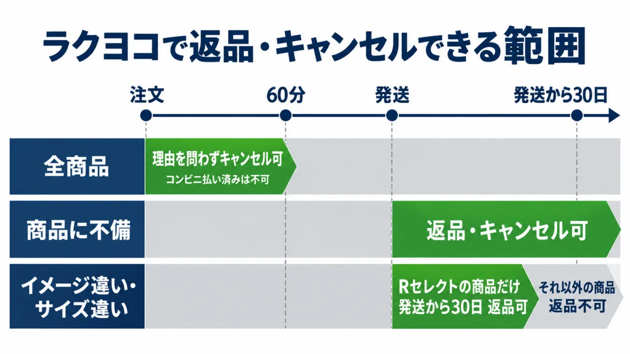 楽天ラクヨコで返品・キャンセルできる範囲を時間順に示す図解:注文60分以内、商品不備は発送から30日、自己都合はRセレクトのみ