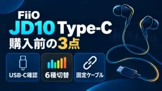 FiiO JD10 Type-Cの購入前に確認するUSB-C接続条件、6種のプリセット、固定ケーブルを示す図