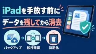 iPadを手放す前に、バックアップ、移行確認、初期化の順で進める概念図