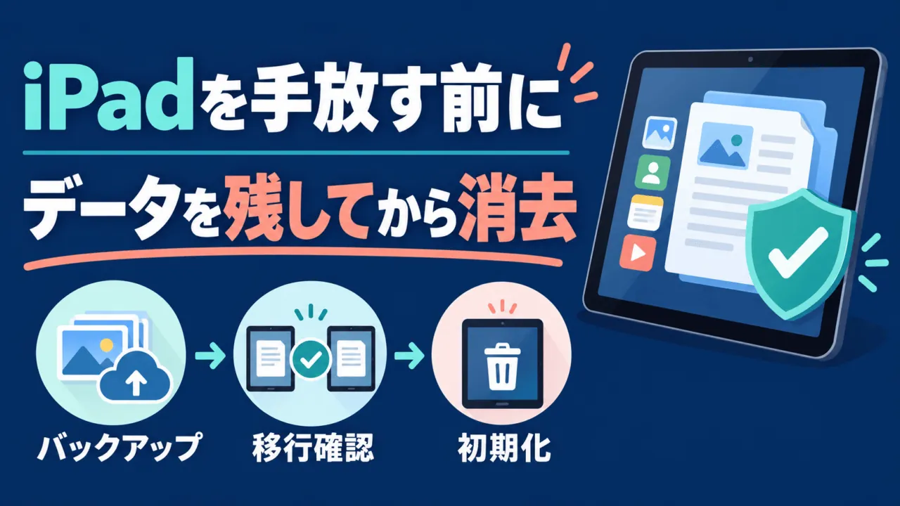 iPadを手放す前に、バックアップ、移行確認、初期化の順で進める概念図