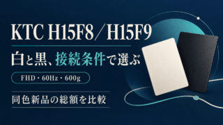 KTC H15F8／H15F9。白と黒、接続条件で選ぶ。FHD・60Hz・600g。同色新品の総額を比較。白と黒の色票と接続を表す概念イラスト。