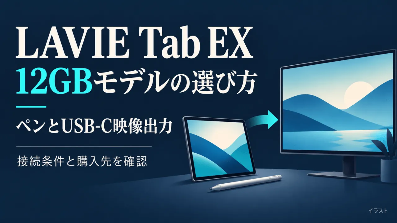 LAVIE Tab EX 12GBモデルの選び方。ペンとUSB-C映像出力、接続条件と購入先を確認する概念イラスト。