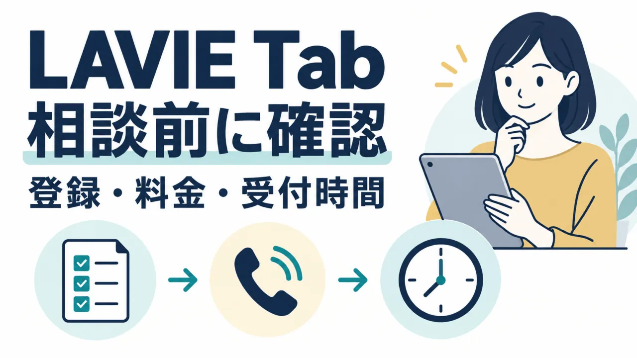 LAVIE Tabの相談前に、登録・料金・受付時間を確認する案内図。