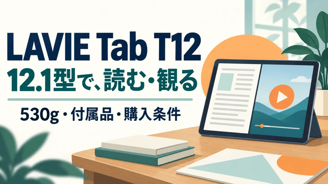 LAVIE Tab T12の選び方。12.1型で読む・観る用途と530g・付属品・購入条件を整理。端末とスタンドは概念イラストです。