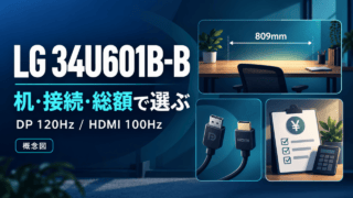 LG 34U601B-Bを机・接続・総額で選ぶ概念図。幅809mm、DP120HzとHDMI100Hzの条件を確認。