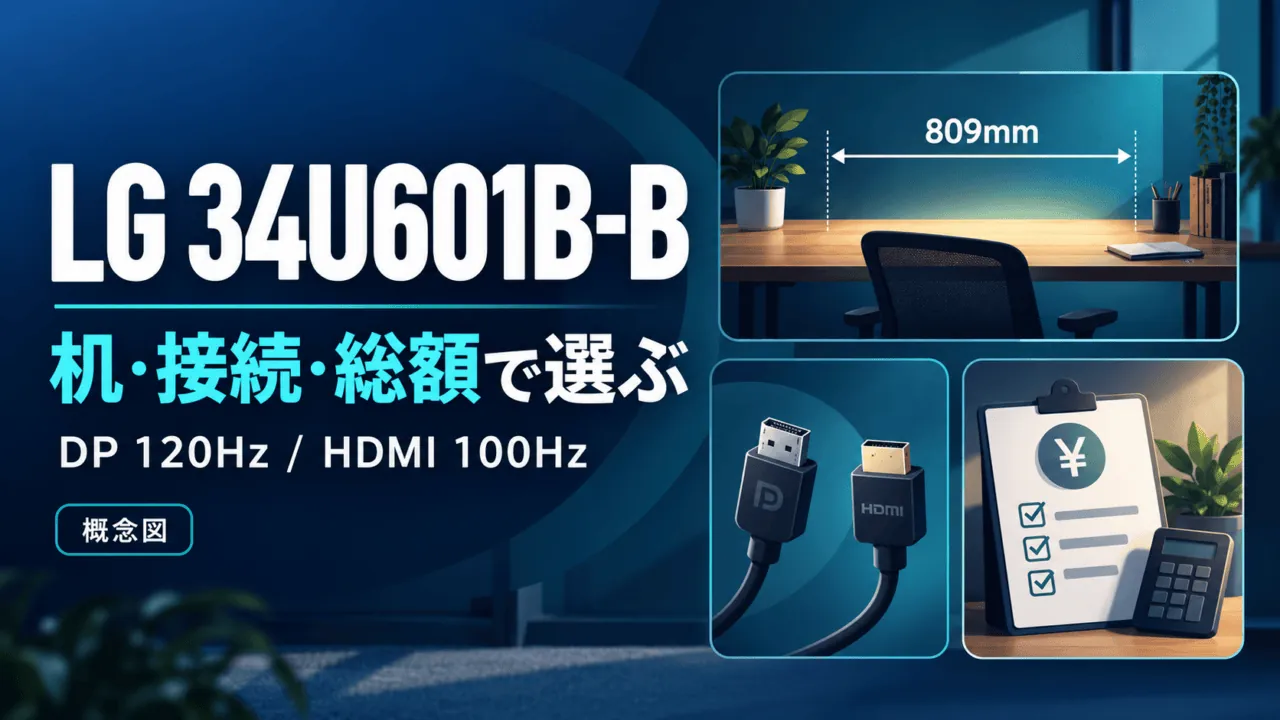 LG 34U601B-Bを机・接続・総額で選ぶ概念図。幅809mm、DP120HzとHDMI100Hzの条件を確認。