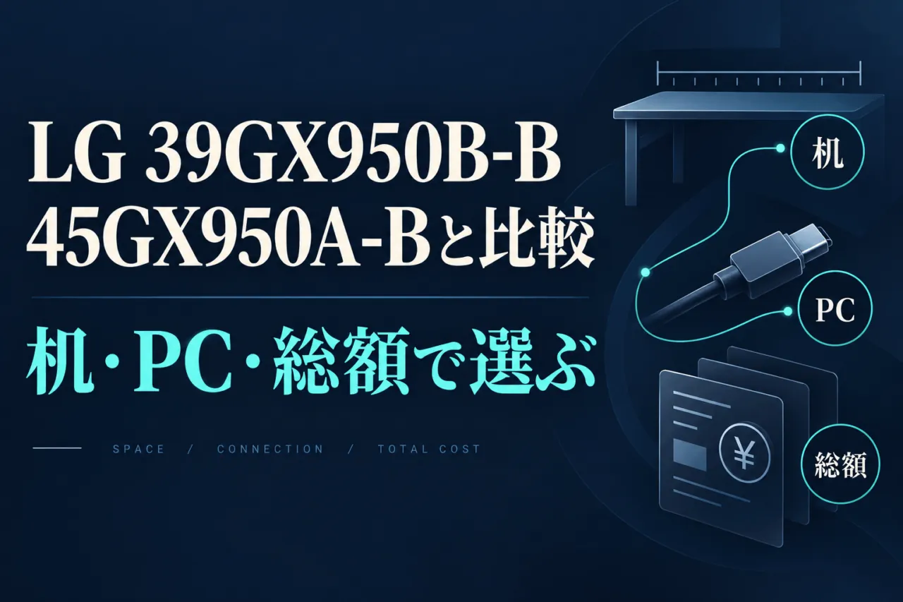 LG 39GX950B-Bと45GX950A-Bを比較。机・PC・総額で選ぶ。机の寸法、接続、比較カードを表す概念イラスト。