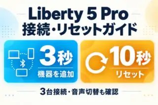 Liberty 5 Proの接続・リセットガイド。機器追加は3秒、リセットは10秒。3台接続と音声切替を確認。