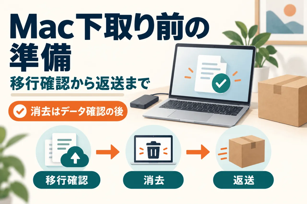 Macの下取り前の準備。移行確認、消去、返送の順序を示す概念イラスト。