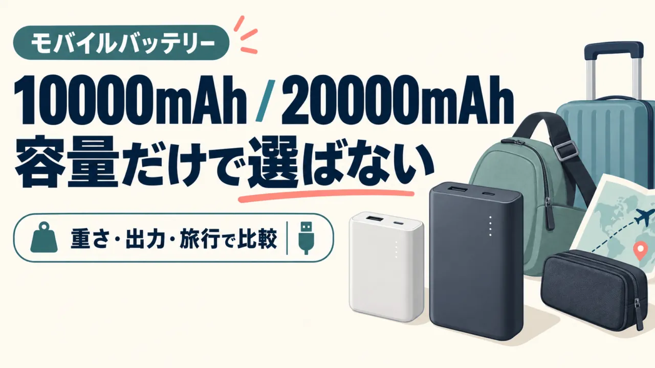 10000mAhと20000mAhのモバイルバッテリーを重さ・出力・旅行で比較する概念イラスト