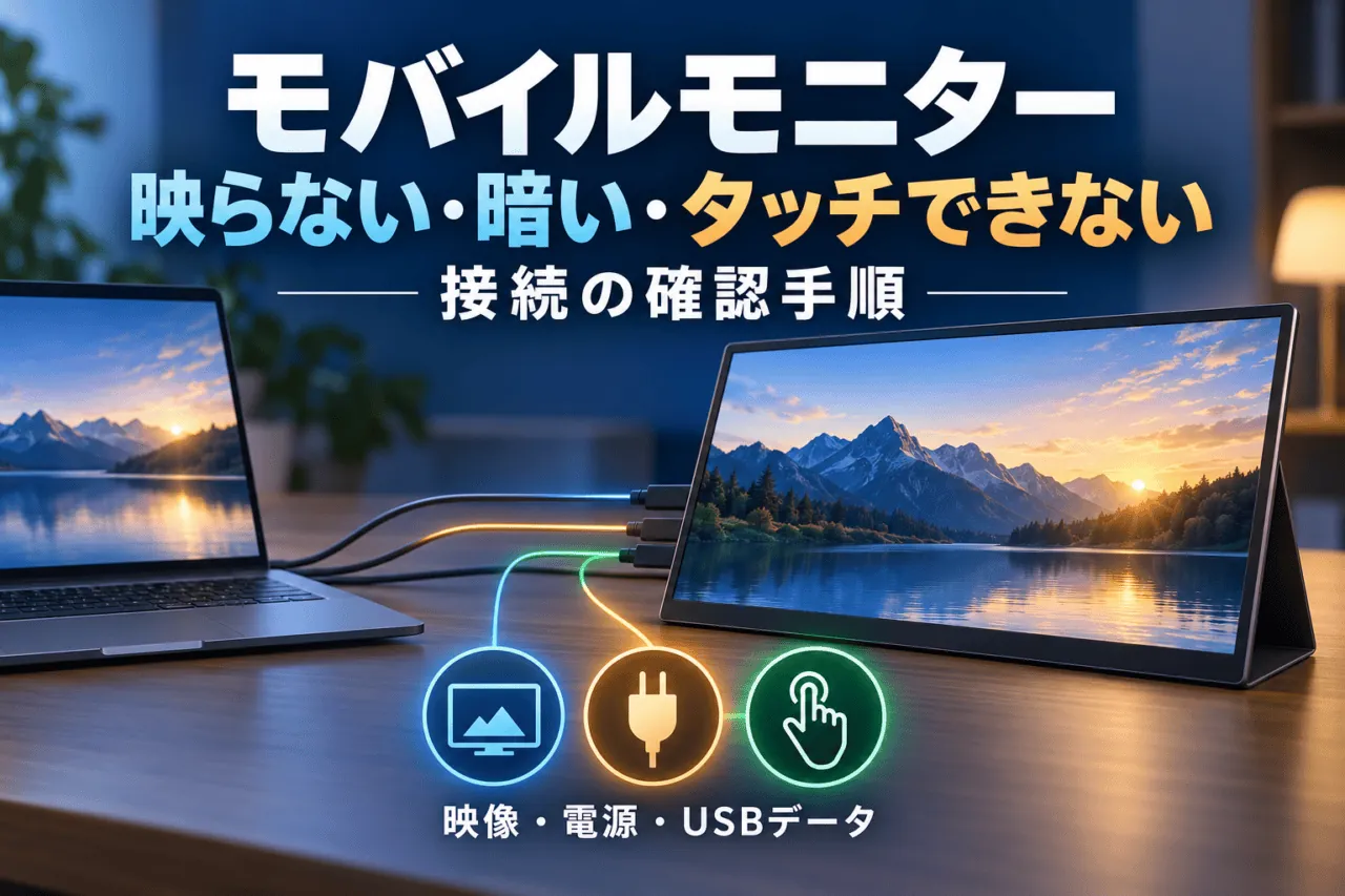 モバイルモニターが映らない、暗い、タッチできないときの接続確認手順。映像・電源・USBデータを分けて確認。